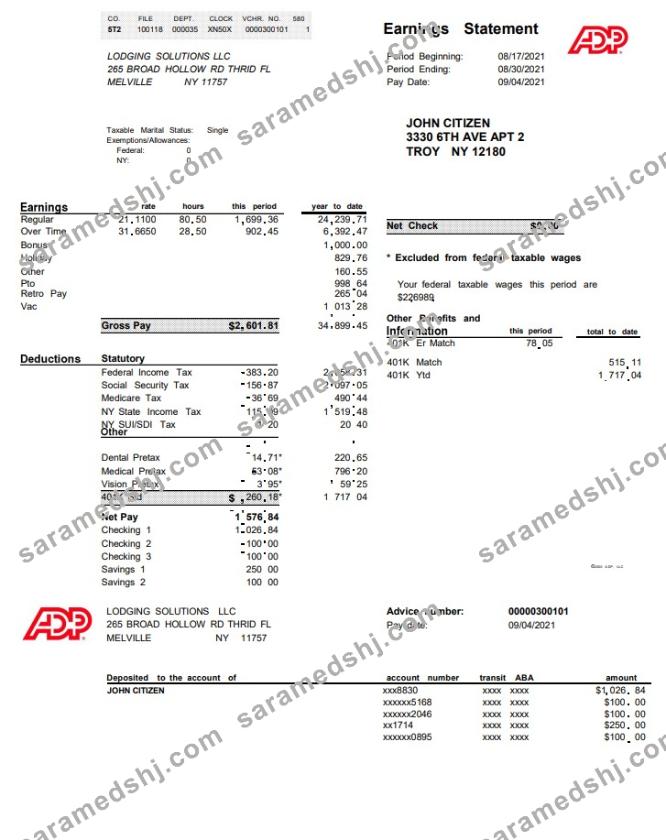 USA ADP business corporate earnings statement template in Word and PDF format